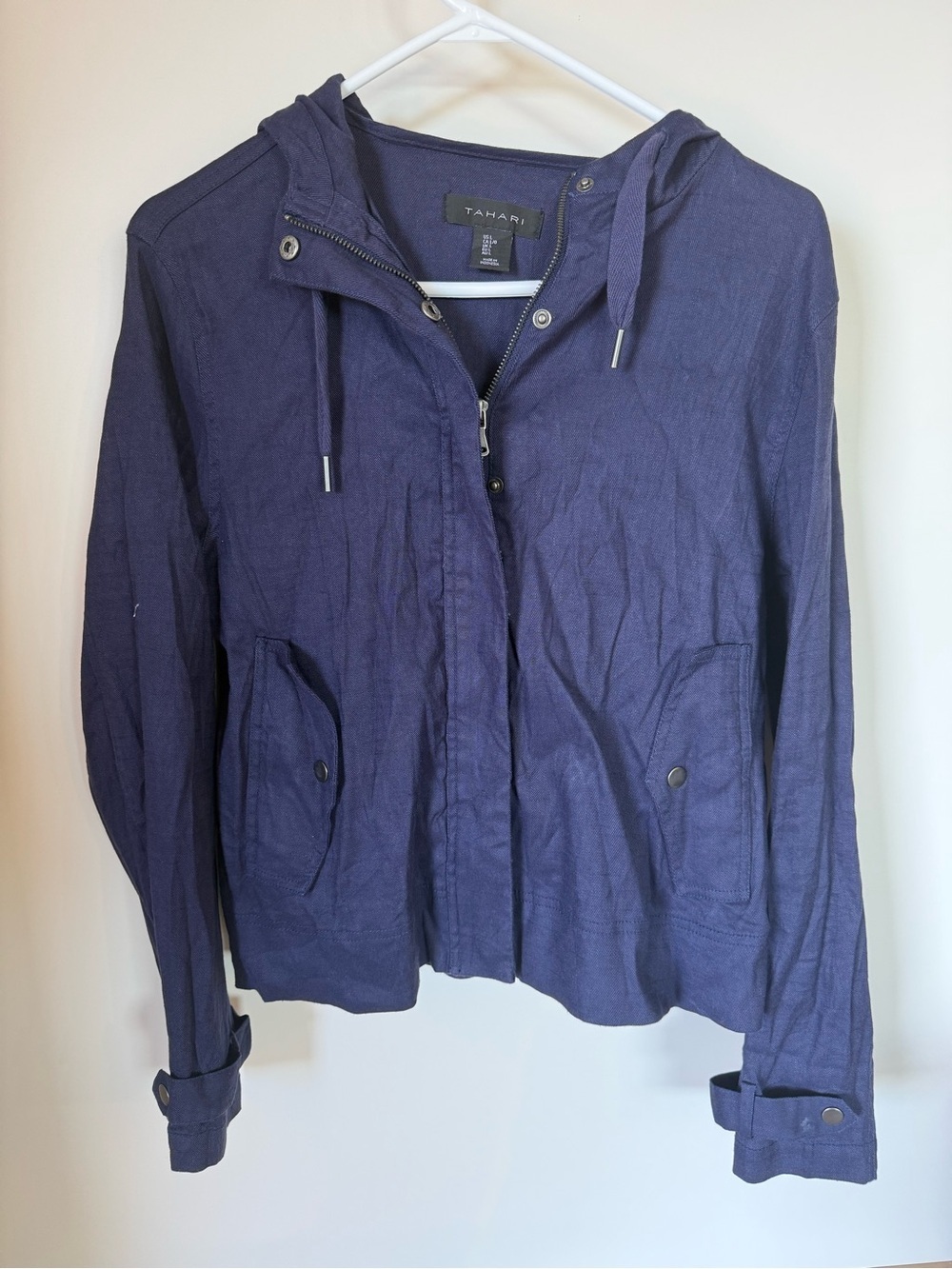 Tahari Navy Hooded Utility Jacket with Snap Flap Pockets